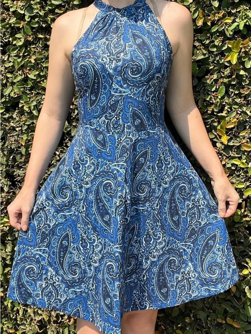 Ouges Sundress Halter Artsy Dress Blue White Paisley Stretch Sleeveless Small